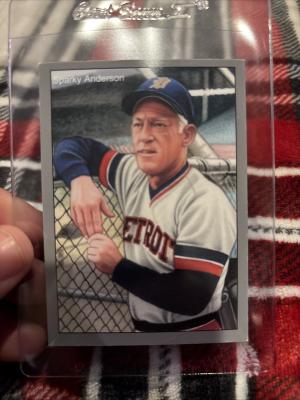Picture, Helmar Brewing, 1984 Tiger Champs Card # 1, Sparky ANDERSON, Leaning on fence, Detroit Tigers